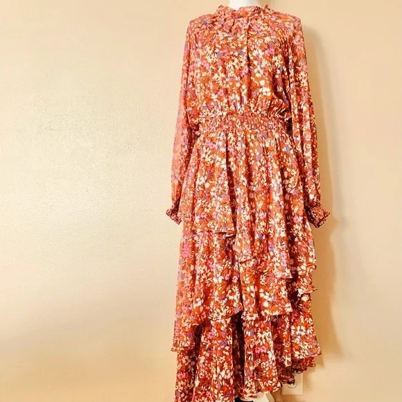 Arula Orange Red/Rust & Tan Multicolor Floral Smocked Long Sleeve Ruffled Dress. Arula Orange Red/Rust & Tan Multicolor Floral Smocked Long Sleeve Ruffled Dress.